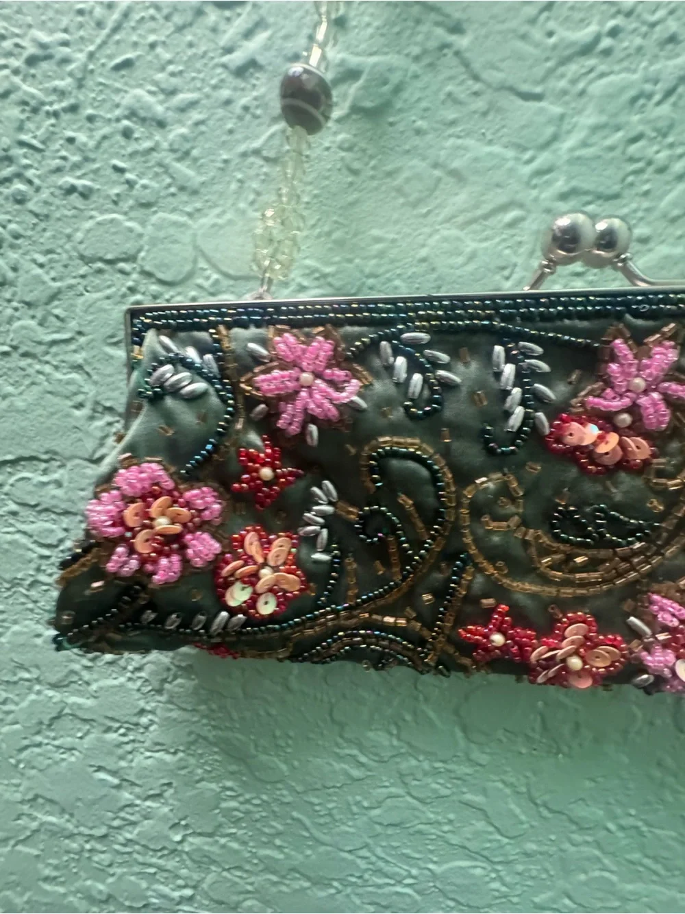 Embellished green Evening Clutch with Pink Floral Beading